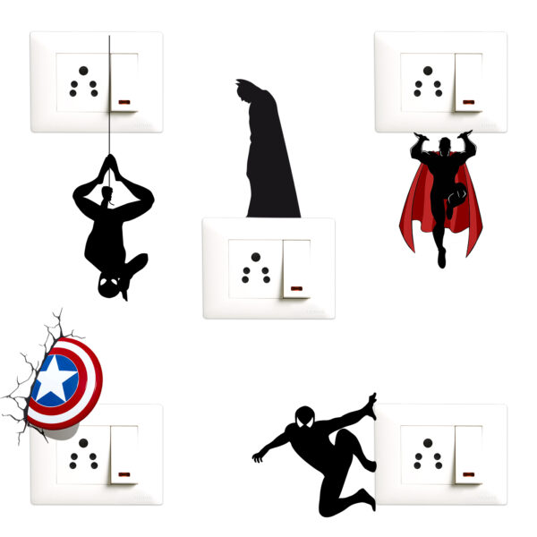 Super Heros Decorative Sticker Combo Pack for Switch Panel Board, Laptop, Fridge (Vinyl, Multicolour - Set Of 5)