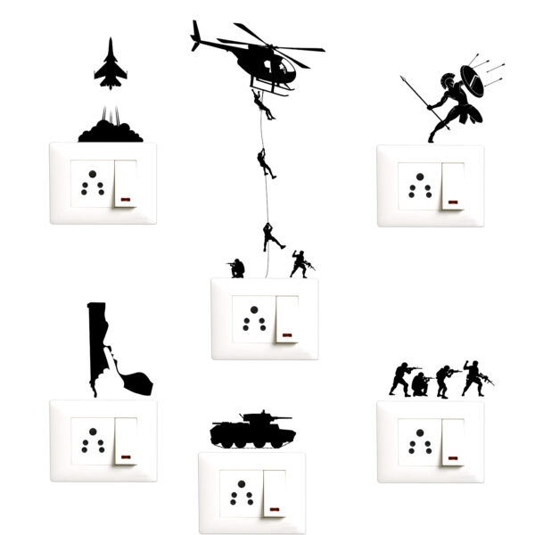 Soldiers - Adventure - Helicopter - Gun - War - Decorative Wall Sticker Combo Pack for Switch Panel Board, Laptop, Fridge.Decorative Sticker Combo Pack for Switch Panel Board, Laptop, Fridge (Vinyl, Multicolour - Set Of 6)