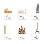Worlds Wonders - Travel - Monuments - Famous Cities Icon - Decorative Wall Sticker Combo Pack for Switch Panel Board, Laptop, Fridge.Decorative Sticker Combo Pack for Switch Panel Board, Laptop, Fridge (Vinyl, Multicolour - Set Of 6)