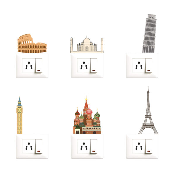 Worlds Wonders - Travel - Monuments - Famous Cities Icon - Decorative Wall Sticker Combo Pack for Switch Panel Board, Laptop, Fridge.Decorative Sticker Combo Pack for Switch Panel Board, Laptop, Fridge (Vinyl, Multicolour - Set Of 6)