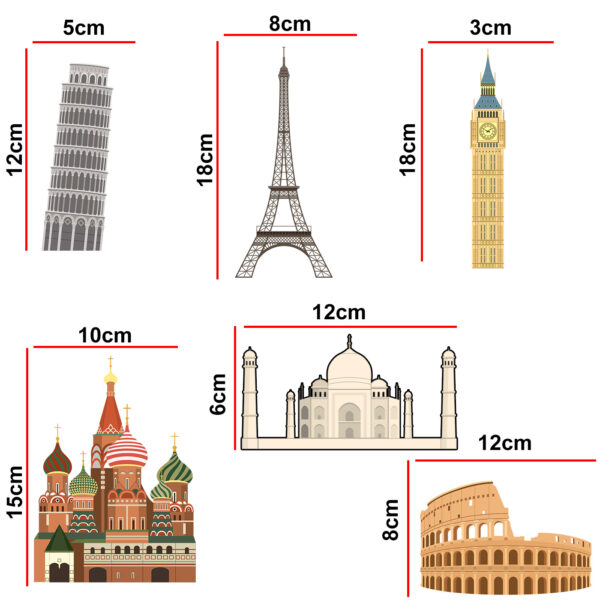 Worlds Wonders - Travel - Monuments - Famous Cities Icon - Decorative Wall Sticker Combo Pack for Switch Panel Board, Laptop, Fridge.Decorative Sticker Combo Pack for Switch Panel Board, Laptop, Fridge (Vinyl, Multicolour - Set Of 6) - Image 2