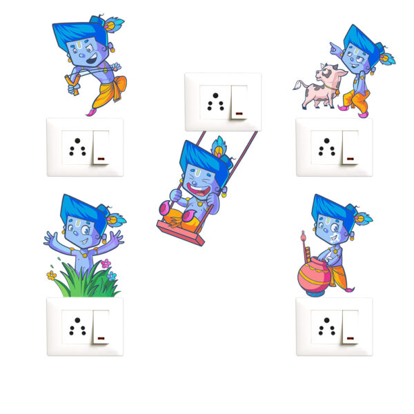 Lord Krishna - Cute - Baby - Playing- Decorative Wall Sticker Combo Pack For Switch Panel Board, Laptop, Fridge.Decorative Sticker Combo Pack for Switch Panel Board, Laptop, Fridge (Vinyl, Multicolour - Set Of 5)
