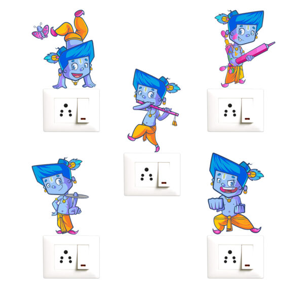 Lord Krishna - Cute - Baby - Playing- Decorative Wall Sticker Combo Pack For Switch Panel Board, Laptop, Fridge.Decorative Sticker Combo Pack for Switch Panel Board, Laptop, Fridge (Vinyl, Multicolour - Set Of 5)