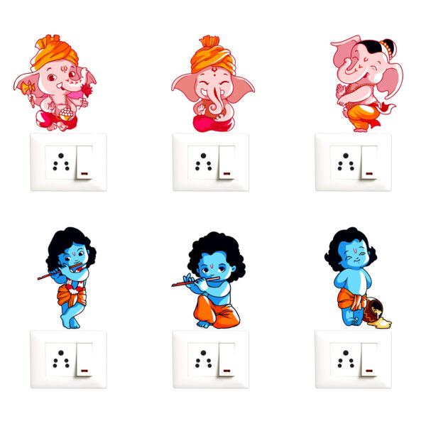 Lord Ganesha - Lord Krishna - Baby - Playing- Musical - Instruments - Decorative Wall Sticker Combo Pack For Switch Panel Board, Laptop, Fridge.Decorative Sticker Combo Pack for Switch Panel Board, Laptop, Fridge (Vinyl, Multicolour - Set Of 6)