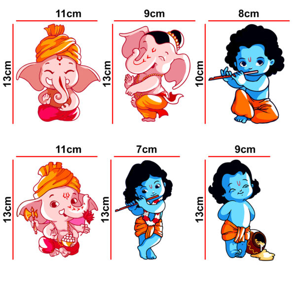Lord Ganesha - Lord Krishna - Baby - Playing- Musical - Instruments - Decorative Wall Sticker Combo Pack For Switch Panel Board, Laptop, Fridge.Decorative Sticker Combo Pack for Switch Panel Board, Laptop, Fridge (Vinyl, Multicolour - Set Of 6) - Image 2