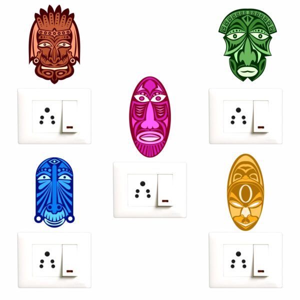 African  - Tribal - Warrior - Mask - Decorative Wall Sticker Combo Pack For Switch Panel Board, Laptop, Fridge.Decorative Sticker Combo Pack for Switch Panel Board, Laptop, Fridge (Vinyl, Multicolour - Set Of 5)