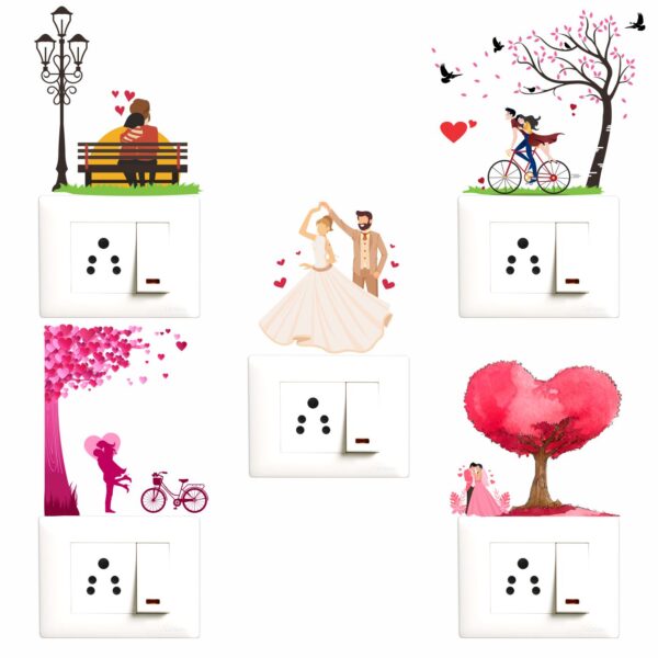Romantic - Love - Cute - Couple - Decorative Wall Sticker Combo Pack For Switch Panel Board, Laptop, Fridge.Decorative Sticker Combo Pack for Switch Panel Board, Laptop, Fridge (Vinyl, Multicolour - Set Of 5)