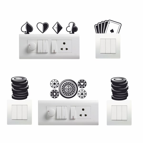 Playing Cards ClubDecorative Sticker Combo Pack for Switch Panel Board, Laptop, Fridge (Vinyl, Multicolour - Set Of 5)