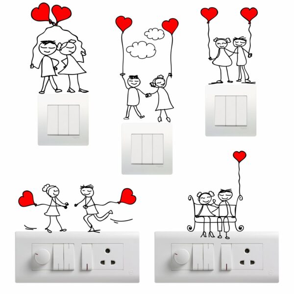 Romatic Couple HeartsDecorative Sticker Combo Pack for Switch Panel Board, Laptop, Fridge (Vinyl, Multicolour - Set Of 5)