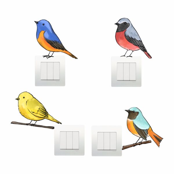 Colourful Birds SparrowDecorative Sticker Combo Pack for Switch Panel Board, Laptop, Fridge (Vinyl, Multicolour - Set Of 4)