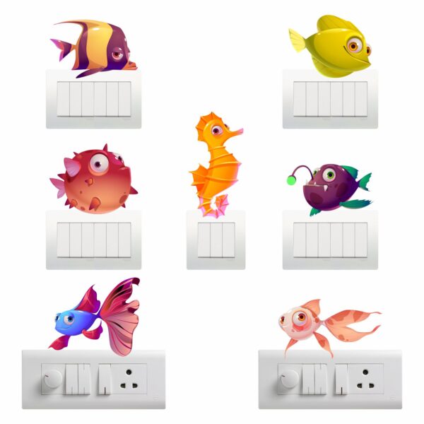 Colourful FishDecorative Sticker Combo Pack for Switch Panel Board, Laptop, Fridge (Vinyl, Multicolour - Set Of 7)