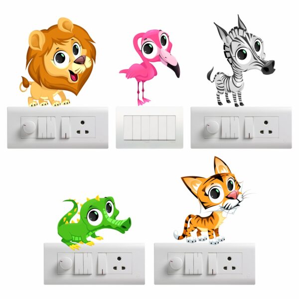 Colourful AnimalsDecorative Sticker Combo Pack for Switch Panel Board, Laptop, Fridge (Vinyl, Multicolour - Set Of 5)