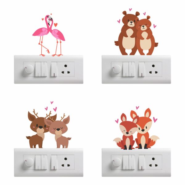 Lovely Couple AnimalsDecorative Sticker Combo Pack for Switch Panel Board, Laptop, Fridge (Vinyl, Multicolour - Set Of 4)