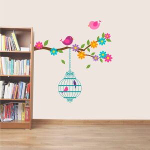 Love Birds Cage - Tree Branch With Birds - Wall Sticker