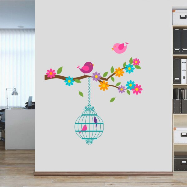 Love Birds Cage - Tree Branch With Birds - Wall Sticker - Image 2