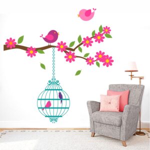 Love Birds Cage - Tree Branch With Birds - Wall Sticker