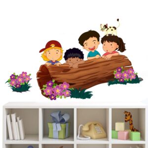 Kids - Playing - Cat - Kids Hiding - Flowers - Wall Sticker