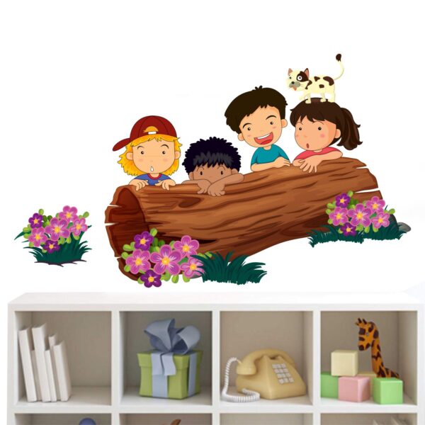 Kids - Playing - Cat - Kids Hiding - Flowers - Wall Sticker
