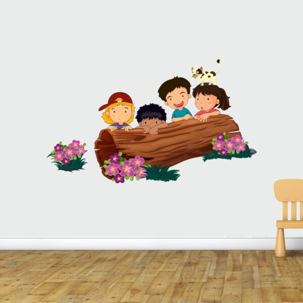 Kids - Playing - Cat - Kids Hiding - Flowers - Wall Sticker - Image 2