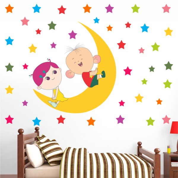 Kids on the Moon - Decorative - Creative - Colorful - Wall Sticker