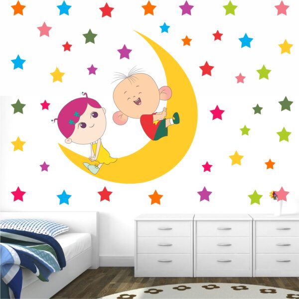 Kids on the Moon - Decorative - Creative - Colorful - Wall Sticker