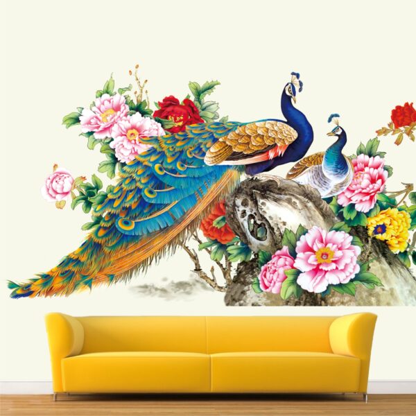 Royal Peacock with Flowers Decorative - Creative - Colorful - Wall Sticker