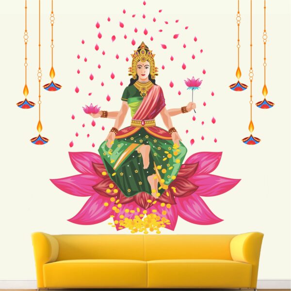 Lord - Lakshmi - Hindu - God - Wealth - Money - Gold - Light - Lamp - Creative - Colorful - Wall Sticker
