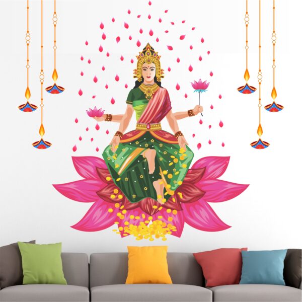 Lord - Lakshmi - Hindu - God - Wealth - Money - Gold - Light - Lamp - Creative - Colorful - Wall Sticker - Image 2