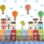 Cute Hot Air Balloon - Clouds Buildings Kids Baby - Kids - Learning Education  Nursery  Pre School Kinder Garden Wall Sticker
