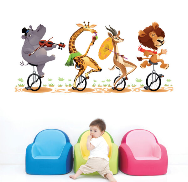 Lovely Animal Cartoon Lion Elephant Giraffe Hippo Cycling - Baby - Kids - Nursery  Pre School Kinder Garden Wall Sticker