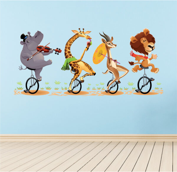 Lovely Animal Cartoon Lion Elephant Giraffe Hippo Cycling - Baby - Kids - Nursery  Pre School Kinder Garden Wall Sticker - Image 2