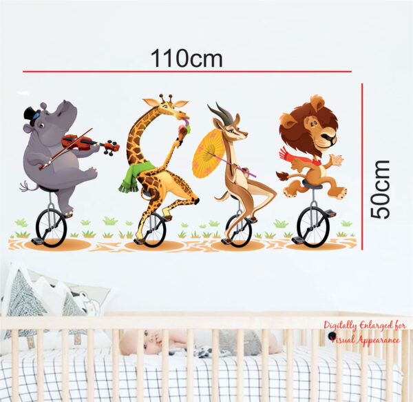 Lovely Animal Cartoon Lion Elephant Giraffe Hippo Cycling - Baby - Kids - Nursery  Pre School Kinder Garden Wall Sticker - Image 3