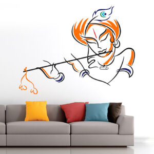 Lord Krishna - Playing - Flute Orange Saffron Wall Sticker