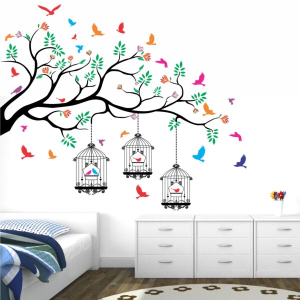 Nature Tree - Colorful - Birds - Cage - Wall Sticker