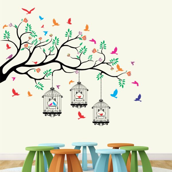 Nature Tree - Colorful - Birds - Cage - Wall Sticker - Image 2