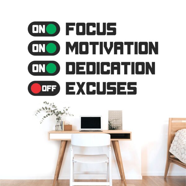 Focus Motivation Dedication On Excuses Off - Inspirational - Motivational - Quotes - Wall Sticker