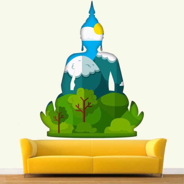 Lord Buddha - Nature - Tree - Mountain - Sky - Creative - Colorful - Wall Sticker