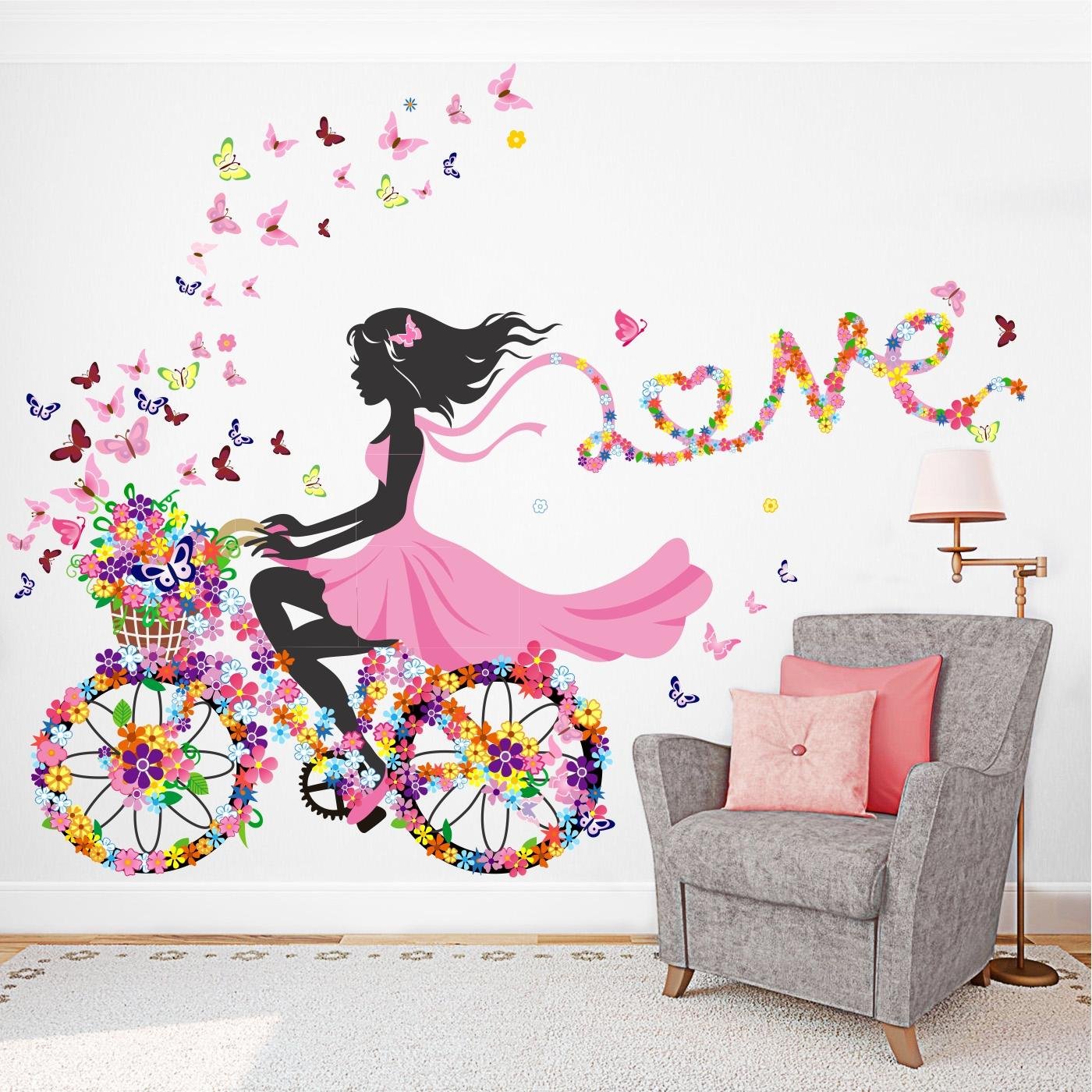 Cycling Girls - Love - Butterfly - Flowers - Decorative - Creative - Colorful - Wall Sticker