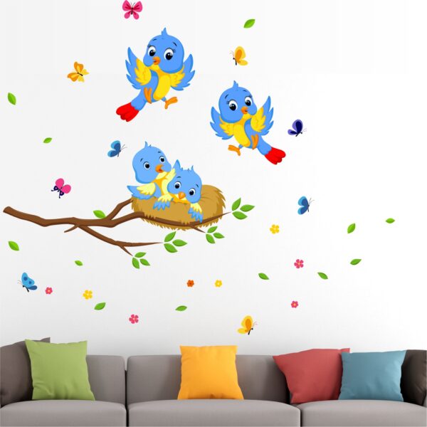 Happy - Birds - Family - Nest - Butterfly - Flowers - Decorative - Creative - Colorful - Wall Sticker