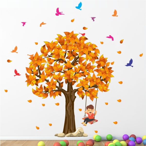Kids and Tree - Birds - Autumn - Decorative - Creative - Colorful - Wall Sticker
