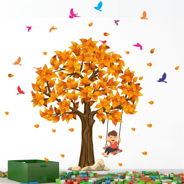 Kids and Tree - Birds - Autumn - Decorative - Creative - Colorful - Wall Sticker - Image 2