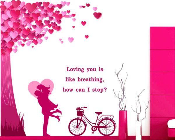 Romantic Couple Under the Heart Leaves Tree And Love Quote With Bicycle - Decorative Wall Sticker
