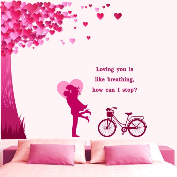 Romantic Couple Under the Heart Leaves Tree And Love Quote With Bicycle - Decorative Wall Sticker - Image 2