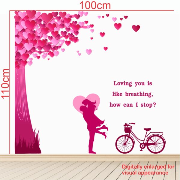 Romantic Couple Under the Heart Leaves Tree And Love Quote With Bicycle - Decorative Wall Sticker - Image 3