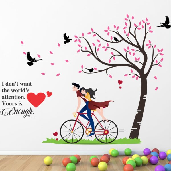 Romantic Couple Cycling - Tree - Birds - Love  Quotes - Decorative - Creative - Colorful - Wall Sticker