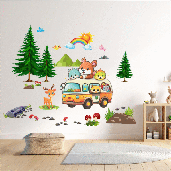 Forest Picnic Adventure Cartoon Animals Van Wall Sticker 🦊🐻  for Kids Room, Nursery, Playroom, School, kindergarten, Bedroom Decor ( EXTRA LARGE )