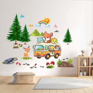 Forest Picnic Adventure Cartoon Animals Van Wall Sticker 🦊🐻  for Kids Room, Nursery, Playroom, School, kindergarten, Bedroom Decor ( EXTRA LARGE )