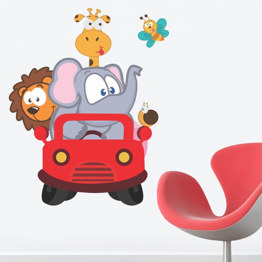 Colorful kids’ bedroom decorated with animal wall stickers on the wall
