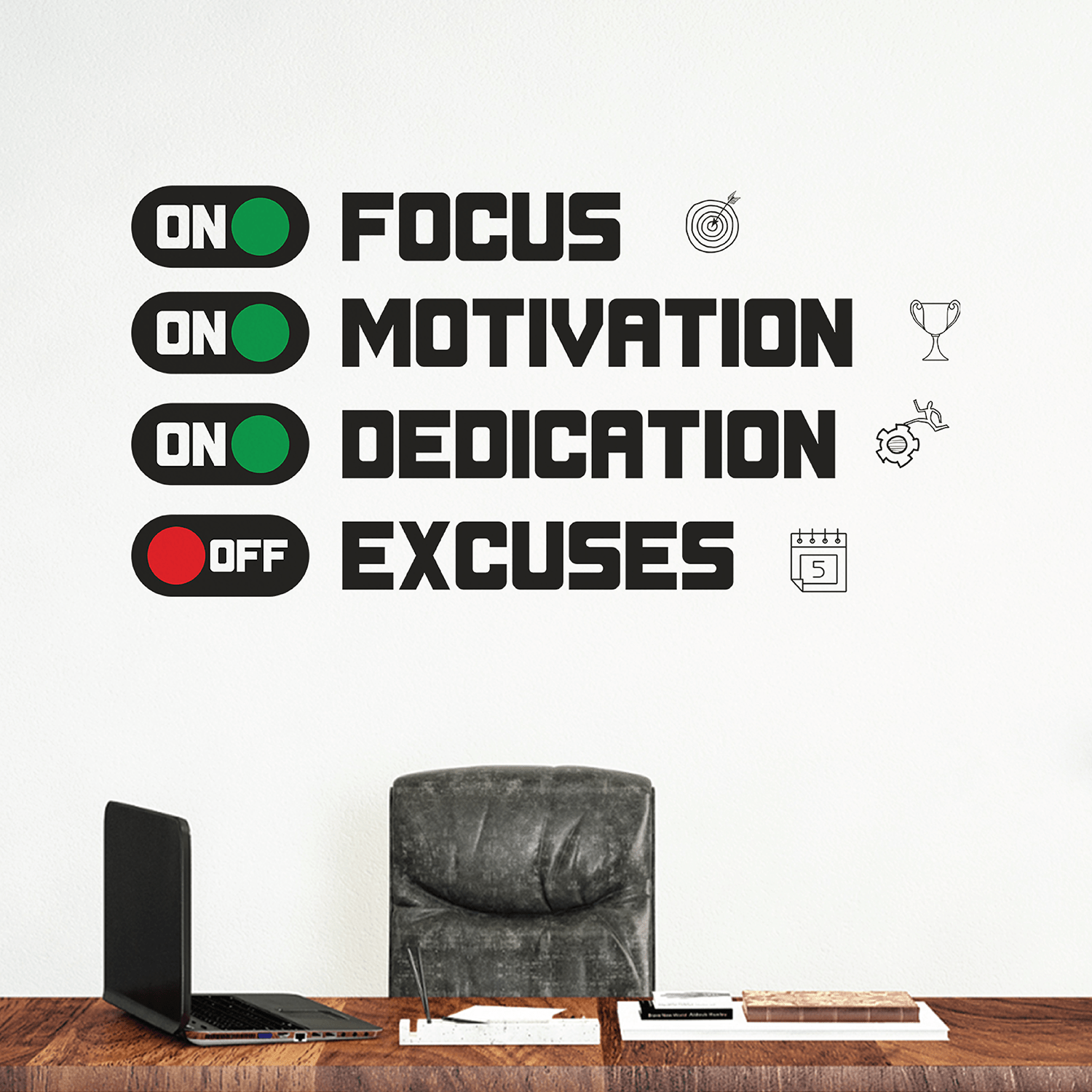 Focus Motivation Dedication On Excuses Off - Inspirational - Motivational - Quotes - Wall Sticker