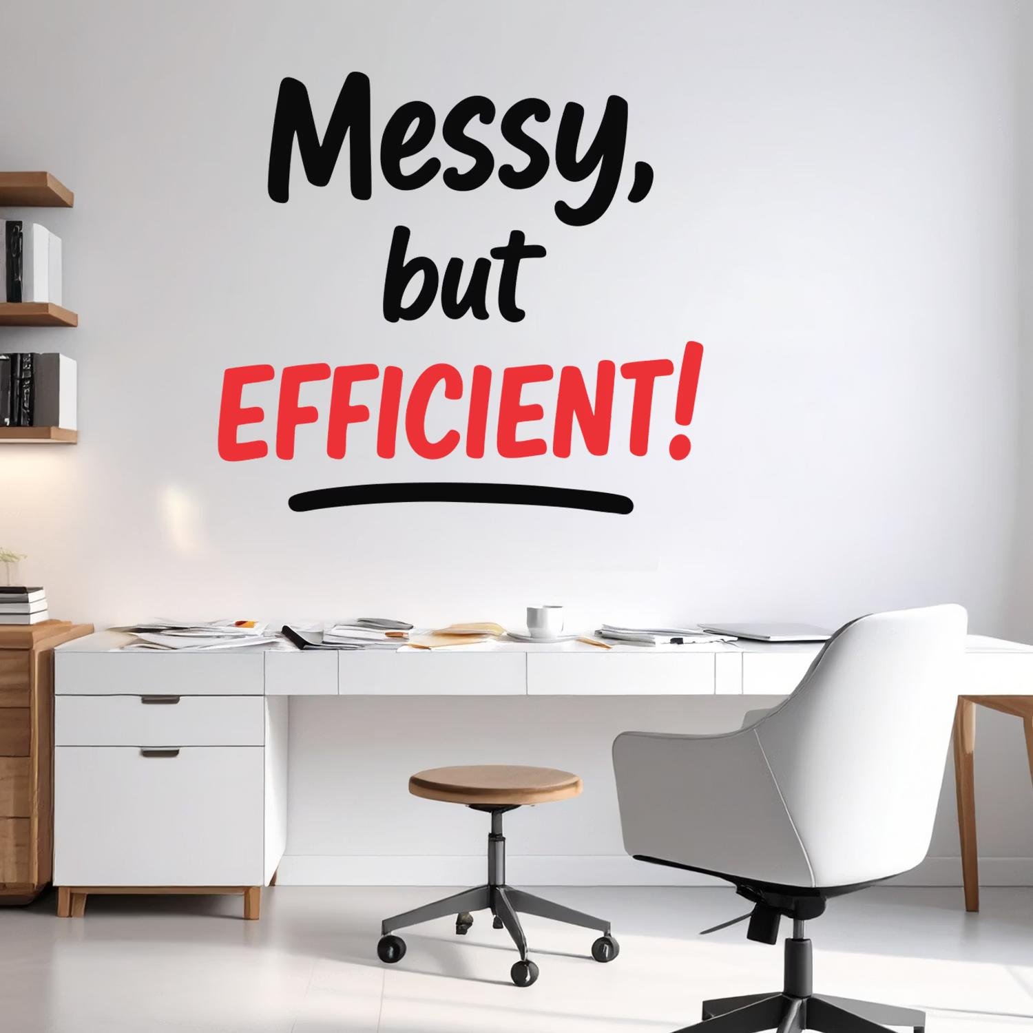 Typography wall sticker featuring the quote "Messy but Efficient!" in black and red lettering displayed above a modern white desk in a home office with a swivel chair and workspace accessories.